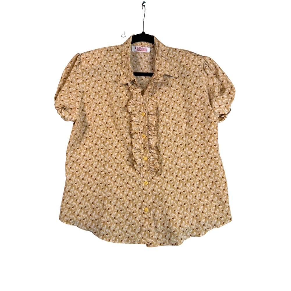 Vintage Melendez Tan Floral Ruffle Puff Sleeve Button Down Blouse Size 38 Mexico